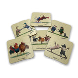 Set of six Farm Animal Drinks Coasters by Alex Underdown from CountrysideGreetings, featuring illustrated cows, chickens, pigs, and ducks with punny captions. Each sustainable cork coaster adds a playful touch to your table.