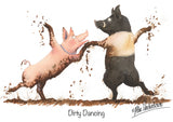 Countryside Greetings’ Farm Animal Greeting Card multipack features 12 assorted cartoons by Alex Underdown, including two dancing pigs—one pink with a pearl necklace and one black—joyfully splashing in mud, captioned “Dirty Dancing.”.