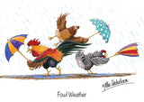 Countryside Greetings’ Farm Animal Greeting Card multipack includes 12 assorted Alex Underdown cartoons, like three cartoon chickens with umbrellas in heavy rain and the caption “Fowl Weather.”.