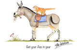 A striped orange cat stands on a donkey eating flowers, with “Get your Ass in gear” below. This lighthearted cartoon is one of 12 assorted Farm Animal Greeting Card designs by Countryside Greetings, art by Alex Underdown.