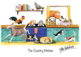 The Countryside Greetings Farm Animal Greeting Card multipack features 12 assorted cartoons by Alex Underdown, with lively scenes of goats, cats, dogs, chickens, horses eating flowers, and cozy country kitchen details.