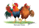 Two cartoon chickens stand on grass; one holds a bottle and looks tipsy, supported by the other. Caption: Marinated Chicken. From Countryside Greetings Farm Animal Greeting Card multipack—12 assorted Alex Underdown cartoons.