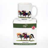 A white earthenware Horse mug and box by Countryside Greetings, featuring Alex Underdowns Clothes Horses design with three horses in plaid blankets. The box displays a British flag and reads Large ceramic mug—perfect gift for horse-lovers.
