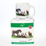 The Countryside Greetings Horse mug. You missed a spot by Alex Underdown features cartoon horses and a muddy dog with the caption “You missed a spot.” Dishwasher safe, it’s a fun, practical gift for horse lovers. Comes boxed with British flag and product info.