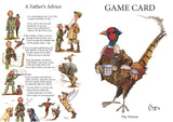 Shoot Game Cards: The Veteran by Bryn Parry from Countryside Greetings features a Bryn Parry-style illustrated poem of a father teaching hunting safety, with a booted pheasant on sustainable card stock.
