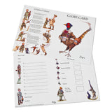 Shoot Game Cards: The Veteran by Bryn Parry from Countryside Greetings features two eco-friendly illustrated cards—one with a pheasant in hunting attire and GAME CARD: The Veteran, the other listing birds, guns, and notes, both with Bryn Parry cartoons.
