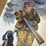 The Wildfowler by Bryn Parry Shooting Greeting Card from Countryside Greetings features an older hunter in camouflage with a shotgun and dog in a blue knit hat under cloudy skies, printed on sustainable card stock—ideal for any shooting enthusiast.