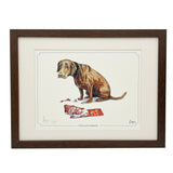 The Chocolate Labrador dog limited edition print by Bryn Parry (Countryside Greetings) shows a cartoon Lab beside a torn Kit Kat wrapper, looking guilty, with CHOCOLATE LABRADOR in Bryn Parrys playful style below.