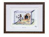 A signed cartoon print, The Kennel Dog by Bryn Parry from Countryside Greetings, features a Cocker Spaniel lifting weights and a small dog snoozing in a “Home Sweet Home” doghouse. Makes an ideal gift for dog lovers.