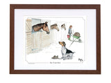 The Yard Dog by Bryn Parry is a signed, limited edition cartoon print from Countryside Greetings featuring a Jack Russell watching three horses near stalls, with a woman pushing hay and a mouse nearby.