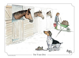A limited edition Jack Russell and Horse cartoon signed print – The Yard Dog by Bryn Parry from Countryside Greetings features a proud Jack Russell in a snowy stable, watched by horses and a person with a wheelbarrow.