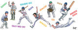 The Cricket Mug, Cricketing Terms by Bryn Parry from CountrysideGreetings, features cartoon players and umpire acting out cricket terms like googly and silly mid off—each labeled in vibrant text—a perfect gift for fans.