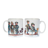The Shooting Mug set by CountrysideGreetings features two Bryn Parry designs: Fun Shoot with casual hunters and a dog, and Serious Shoot with focused hunters, dogs, and pheasants. Both ceramic mugs are dishwasher safe.