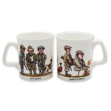 The CountrysideGreetings Bone China Shooting Mug features Bryn Parry’s cartoons—one labeled FUN SHOOT with hunters and dogs, the other SERIOUS SHOOT with two men and a dog—the perfect set for shooting fans.
