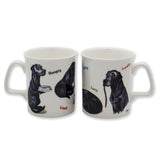 Express your love with a CountrysideGreetings bone china mug featuring Bryn Parry’s captivating black Labradors, each in unique poses and labeled with words like Hungry, Loyal, Lazy, and Lovable.