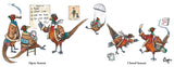 The CountrysideGreetings Pheasant Shooting Mug, Open Season Closed Season by Bryn Parry, features pheasants in jackets: left side shows a survival meeting, right side has relaxed pheasants with drinks and parachutes. Ceramic and dishwasher safe.