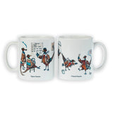 Set of two white ceramic Pheasant Shooting Mugs (Open Season Closed Season) by Bryn Parry from CountrysideGreetings, featuring cartoon pheasants as teachers and students on one side, and celebrating on the other. Dishwasher safe.