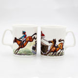 The CountrysideGreetings Bone China Horse Racing Mug features vibrant National Hunt horse and jockey illustrations in action, with colorful images wrapping seamlessly around the mug.
