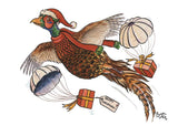 The Country Sports Christmas Card Multipack by Bryn Parry from Countryside Greetings features a festive pheasant in a Santa hat and red scarf, flying with parachuted gifts—one tagged Happy Christmas—for unique holiday cards.