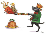 Enjoy festive fun with the Country Sports Christmas Card Multipack by Bryn Parry from Countryside Greetings—featuring cartoon dogs in paper crowns pulling a cracker, plus a holly-topped pudding for added seasonal cheer.