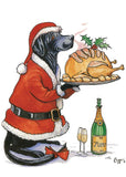 The Country Sports Christmas Card Multipack by Bryn Parry from Countryside Greetings features a black dog in a Santa suit holding roasted turkey, with champagne and festive details—perfect for your holiday cards.