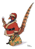 The Country Sports Christmas Card Multipack by Bryn Parry from Countryside Greetings features a festive pheasant in a Santa suit holding wine and a holly gift bag—perfect for your holiday cards, all in sustainable packaging.