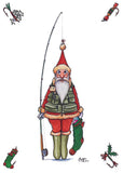 Santa Claus in fishing gear stands center stage with a rod and green stocking, while festive fishing lures accent the corners—capturing the charm of Bryn Parry’s art in the Country Sports Christmas Card Multipack by Countryside Greetings.