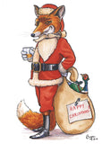 Illustration of a sly fox Santa with milk, a sack labeled Happy Christmas!, a green gift, and a pheasant—featured on the Bryn Parry Country Sports Christmas Card Multipack by Countryside Greetings.