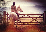 A rider in classic gear on a white horse gazes over misty fields—ideal inspiration for the Horse & Pony Notecards Multipack by Charles Sainsbury-Plaice, available from Countryside Greetings.