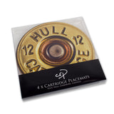 The Countryside Greetings Decorative Placemat Set features four Charles Sainsbury-Plaice mats with shotgun cartridge designs, each styled like the brass end and embossed with 12 HULL. Packaged as 4 x Cartridge Placemats.