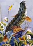 A leaping freshwater fish startles a brown-winged bird above pink lilies and reeds—a perfect scene from the 10 British freshwater fish notecards by M J Pledger, available from CountrysideGreetings.