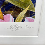 Close-up of a signed and numbered Pike fishing print by M J Pledger, labeled 5/250 in pencil with the artists signature—perfect for collectors. From CountrysideGreetings.