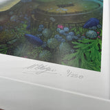 Close-up of a vibrant Pollack fishing print by M J Pledger, featuring plants, blue shells, and bubbles. Limited edition 9/250 with signature on the border. From CountrysideGreetings—ideal fishing gift for collectors.