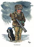 A Shooting Greeting Card by Bryn Parry for Countryside Greetings features a smiling person in camouflage and fur hat holding a shotgun in water, with a black and white dog in a blue hat. Captioned “The Wildfowler,” under cloudy skies.