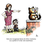 A woman scolds a muddy child while a clean cat looks smug in this Thelwell Cartoon Cat Greeting Card Multipack (Set of 12) by CountrysideGreetings—perfect for lovers of order and humour!.