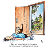 The CountrysideGreetings Thelwell Cartoon Cat Greeting Card Multipack includes 12 square cards featuring a cat standing over a woman by an open door, captioned: “Cats are expert at retrieving game for their owners – without any training.”.