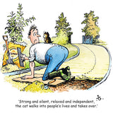 A surprised man in his garden spots a cat on a wall. Caption: Strong, silent, and independent—the perfect inspiration for this CountrysideGreetings Thelwell Cartoon Cat Greeting Card Multipack (Set of 12 Square Cards).