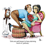 Thelwell cartoon cats on eco-friendly cards from CountrysideGreetings: Set of 12 square greeting cards featuring a jealous cat leaping beside a couple—perfect for any cat lover!.