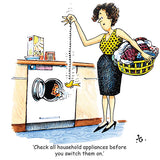 Thelwell Cartoon Cat Greeting Card Multipack by CountrysideGreetings – set of 12 square cards featuring a woman pulling a bird from a washing machine, cat-themed designs, safety caption, and printed on sustainable cardstock.