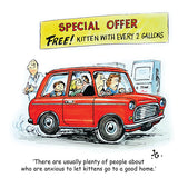 Cartoon of a crowded red car at a gas station with a Free! Kitten with every 2 gallons sign. Thelwell Cartoon Cat Greeting Card Multipack – Set of 12 Square Cards by CountrysideGreetings, perfect for cat lovers.