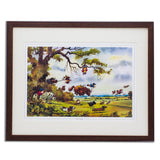 The Cartoon Pony Print Full Flight by Thelwell from Countryside Greetings depicts a whimsical countryside with animals, a girl hanging from a tree, and a rider on a white horse—perfect for fans of charming pony illustrations.