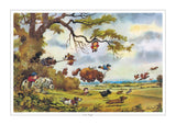 The Cartoon Pony Print Full Flight by Thelwell from Countryside Greetings captures children, animals, and ponies joyfully flying and riding under a tree in a lively countryside scene inspired by Thelwells classic style.