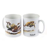 Two white Shooting Mugs by Thelwell from Countryside Greetings feature colorful, playful cartoon scenes: one with a man tripping and falling, the other showing a happy dog running with a bone—capturing countryside humor in style.