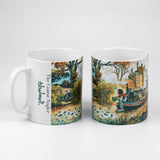 Set of two white ceramic Fishing Mug by Thelwell. The Coarse Angler mugs from Countryside Greetings, featuring colorful river scene cartoons—fisherman, canal boat, trees, birds, house. Perfect for a country kitchen. One mug reads: The Coarse Angler ithewell.