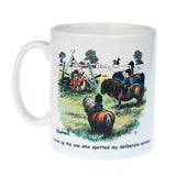 Thelwell horse riding and pony mug by Countryside Greetings features kids riding ponies in a field, with the text “Hands up the one who spotted my deliberate mistake!”—an ideal gift for horse-lovers.