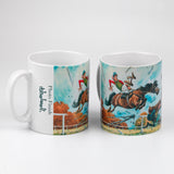 Two white Horse Racing Mugs by Thelwell, Photo Finish from Countryside Greetings, feature a vibrant wraparound cartoon of a jockey falling off in a dramatic race, capturing the lively spirit of the British countryside.
