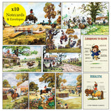 A colourful collage of 10 A6 notecards featuring classic pony-themed cartoons by British artist Norman Thelwell. Each humorous scene showcases mischievous ponies and their young riders in various countryside antics, including riding mishaps, show jumping, and comedic equestrian situations.