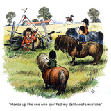 A man caught in a fence raises his hand while children on ponies watch—one copying him. A loose horse runs by. Perfect for horse lovers! Countryside Greetings’ Thelwell Horse Riding and Pony Mug: Spot the mistake!.