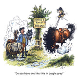 A startled man asks for a dapple grey pony as a tiny rider struggles with a bucking brown one—a classic Thelwell scene on the Thelwell horse riding and pony mug. Dapple Grey by Countryside Greetings.
