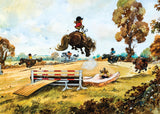 Chaotic cross-country pony race scene with children flying over a jump, one rider overshooting dramatically while others crash or veer off course